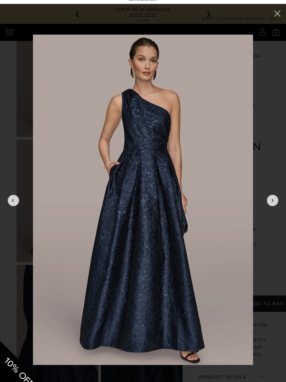 Donna Karan One-Shoulder Navy Floral Jacquard Gown